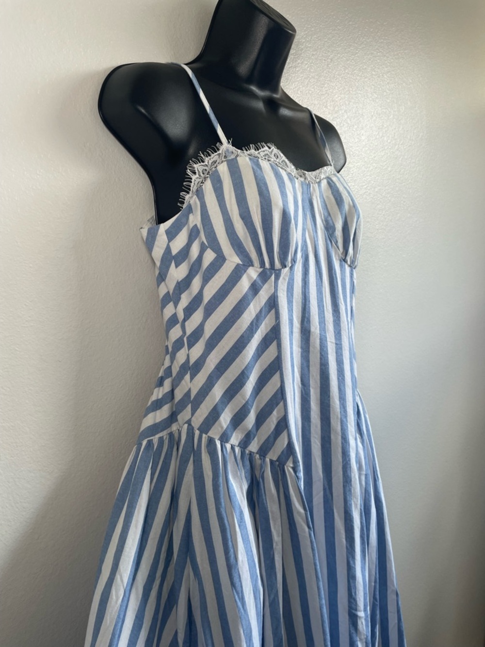 NWT Commense Blue White Striped Midi Dress Women Medium Cotton Lace Trim - Picture 3 of 11